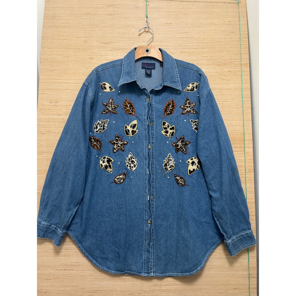 Denim Button Down Shirt Womens 18‎ Blue Animal Print Leaf Beaded Cotton
